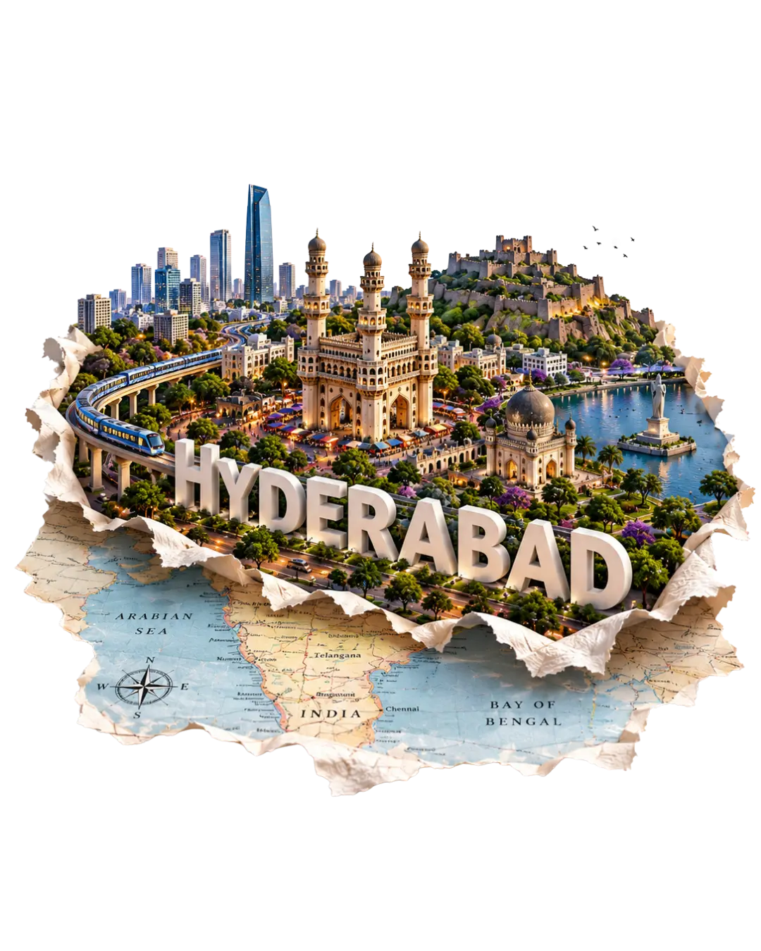 Illustrated paper-torn map of Hyderabad with the Charminar and the city skyline